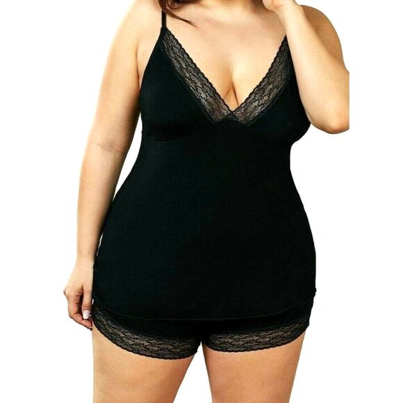 Women's Lingerie Black Lace Trim Vneck Pajama Set Camisole Tank Top Shorts 2X - Picture 1 of 4